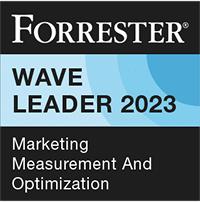 Forrester Wave Leader 2023 badge for Marketing Measurement and Optimization, featuring the Forrester logo and blue circular graphic elements.