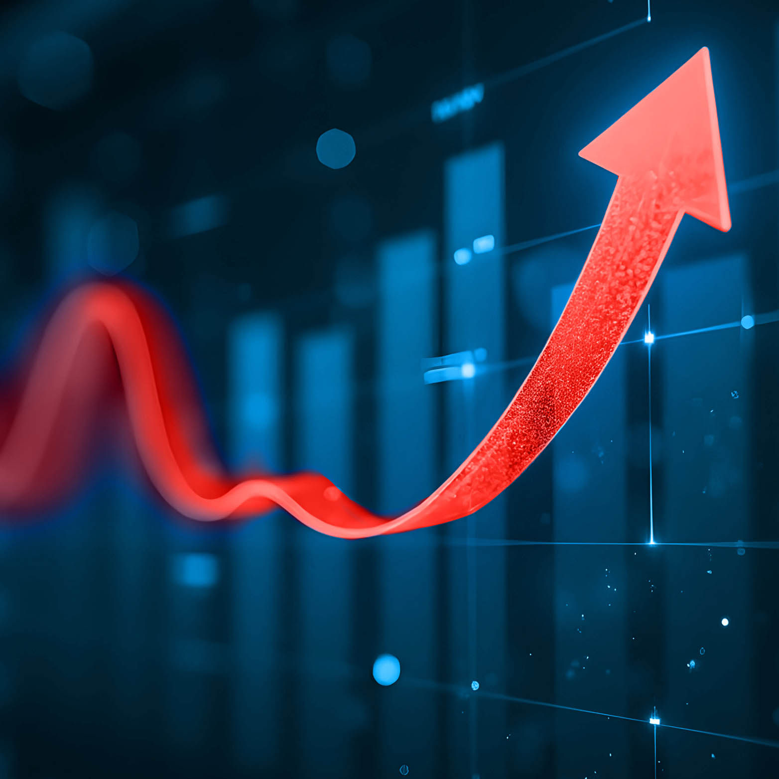 A glowing red arrow curves upward over a dark blue bar graph, symbolizing financial growth, progress, or a positive trend in data or business performance.